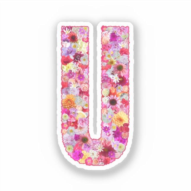 Pink Botanical Monogram Floral Letter U Initial Aufkleber (Vorderseite)