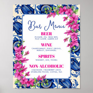Pink Bougainvillea Blue Tile Bar Sign Poster