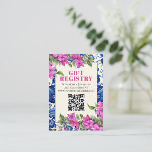 Pink Bougainvillea Blue Tile QR Gift Registry Begleitkarte