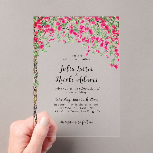 Pink Bougainvillea Tropical Forest Wedding Acryleinladungen (Insitu (Handheld))