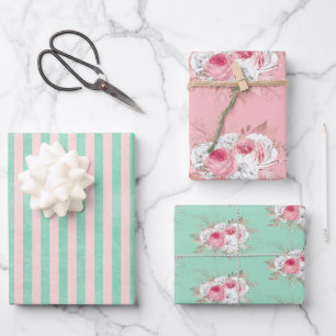 Pink Bouquet und passende Streifen Geschenkpapier Set