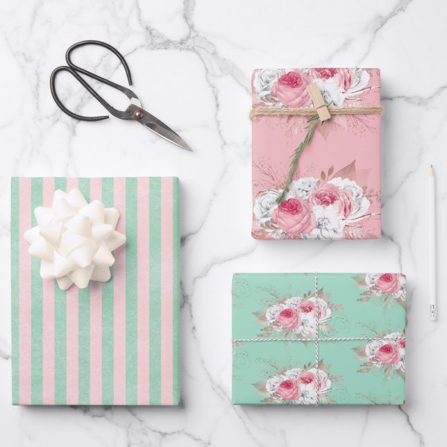 Pink Bouquet und passende Streifen Geschenkpapier Set (Vorderseite)