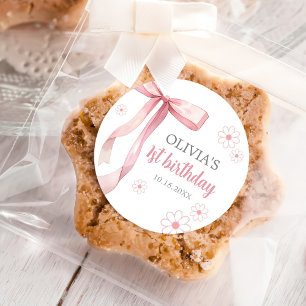 Pink Bow 1. Geburtstagskarte Runder Aufkleber