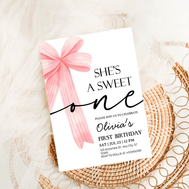 Pink Bow 1st Birthday Einladung (Von Creator hochgeladen)