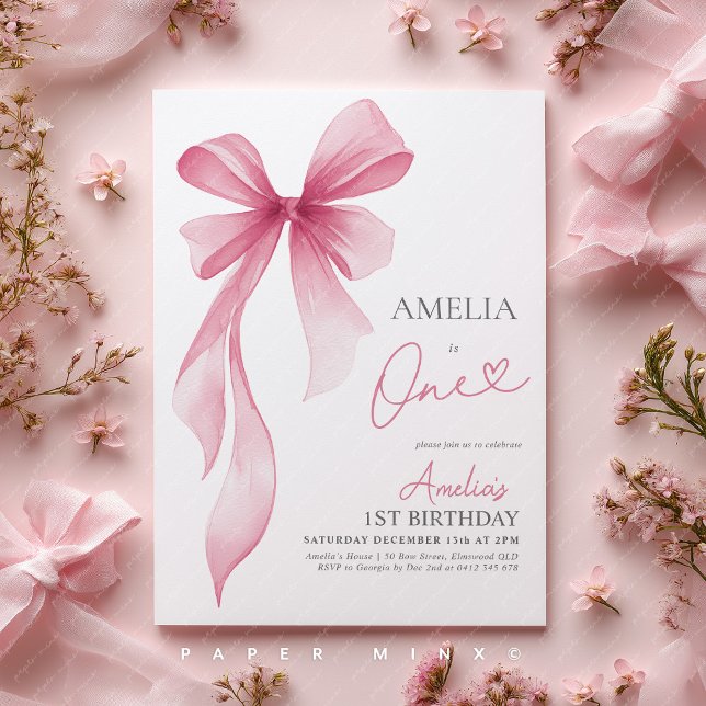 Pink Bow 1st Birthday Girl Coquette  Einladung (1st Birthday invite | Girls pink bow invitation)