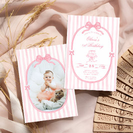 Pink Bow 1st Birthday Girl Photo Invitation Einladung