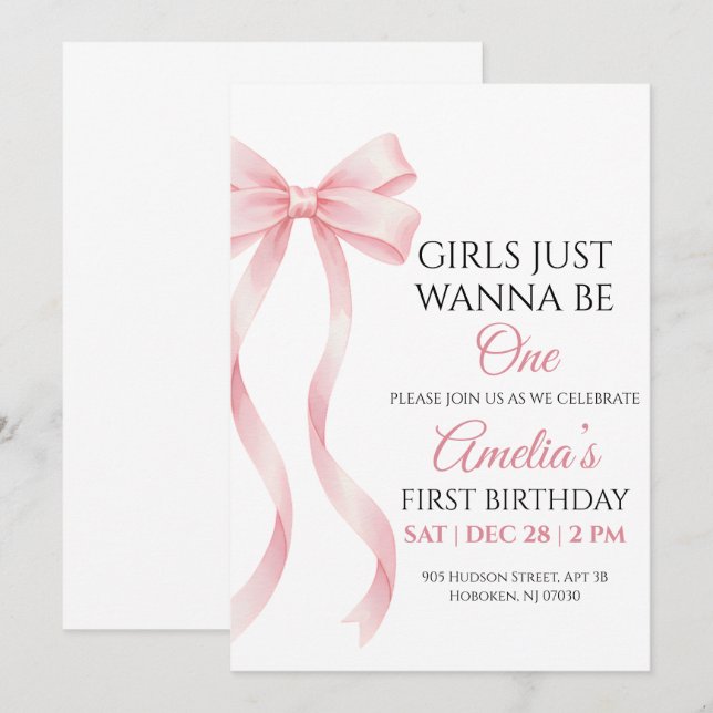 Pink Bow 1st Birthday Invitation for Baby Girl Einladung (Vorne/Hinten)