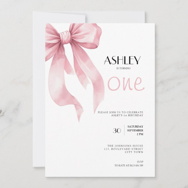 Pink Bow 1st Birthday Invitation for Girls Einladung (Vorderseite)