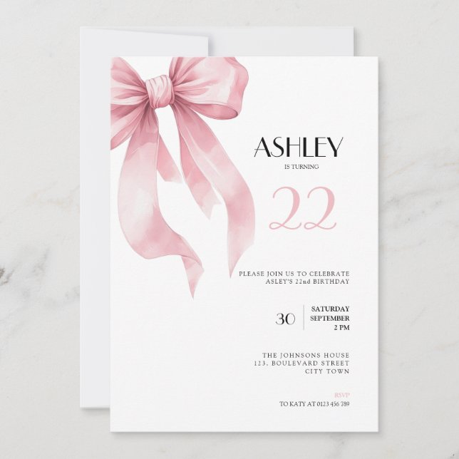 Pink Bow 22nd Birthday Invitation for Girls Einladung (Vorderseite)