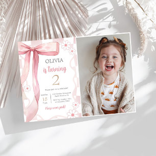 Pink Bow 2. Geburtstags-Girl-Foto Einladung