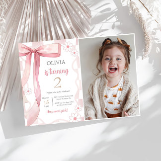 Pink Bow 2. Geburtstags-Girl-Foto Einladung