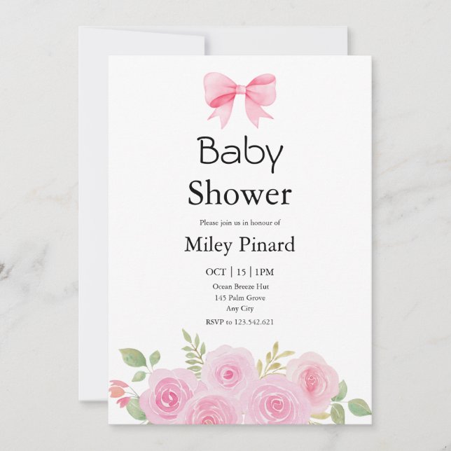Pink Bow and Floral Baby Shower Invitation Einladung (Vorderseite)