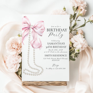 Pink Bow and Pearls 30. Geburtstagsfeier Party Ein Feiertagskarte