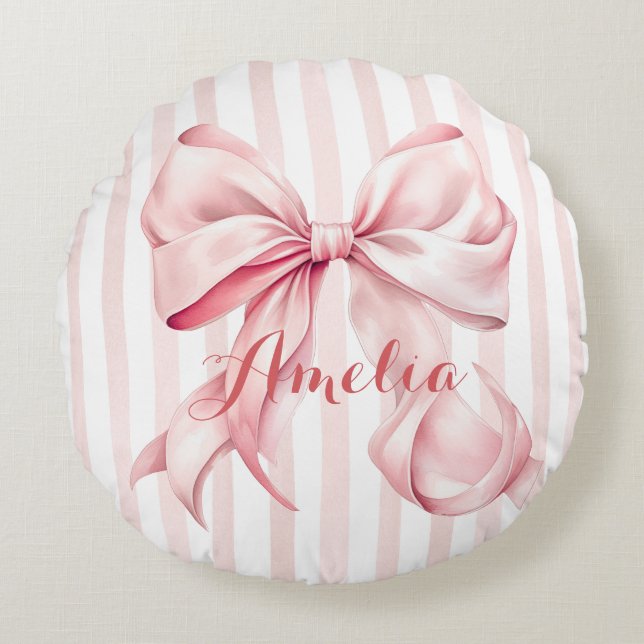 Pink Bow and Stripes Personalized Rundes Kissen (Vorderseite)