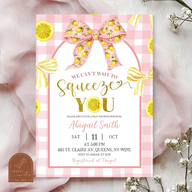 Pink Bow and Yellow Lemon Baby Shower Invitation Einladung (Von Creator hochgeladen)