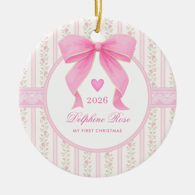 Pink Bow Baby 1st Christmas Coquette Floral Photo Keramik Ornament (Vorne)