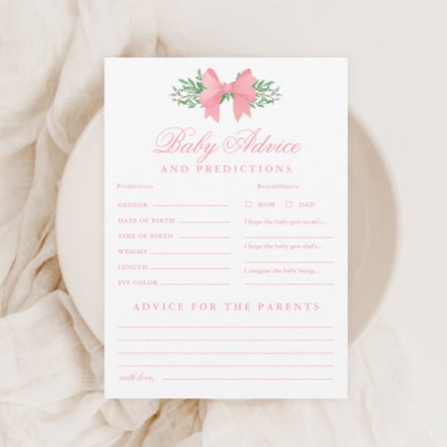 Pink Bow Baby Advice and Predictions Duschgame Einladung (Elegant Pink Bow Baby Advice and Predictions Shower Game.)