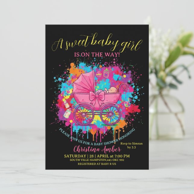Pink Bow Baby Carriage Girl Baby Shower Invitation Einladung (Stehend Vorderseite)