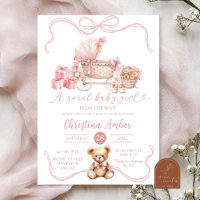 Pink Bow Baby Carriage Girl Babydusche