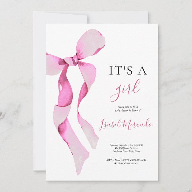 Pink Bow Baby Dusche Einladung (Vorderseite)