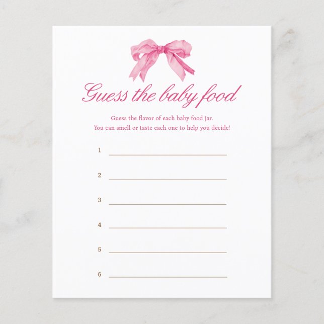 Pink Bow Baby Dusche Raten Sie das Baby Food Game (Vorderseite)