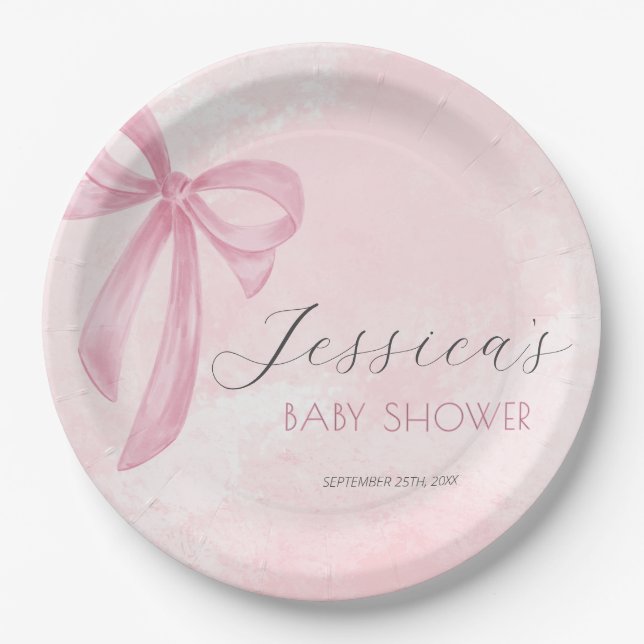 Pink Bow Baby Dusche Rosa Wasserfarbe Pappteller (Vorderseite)