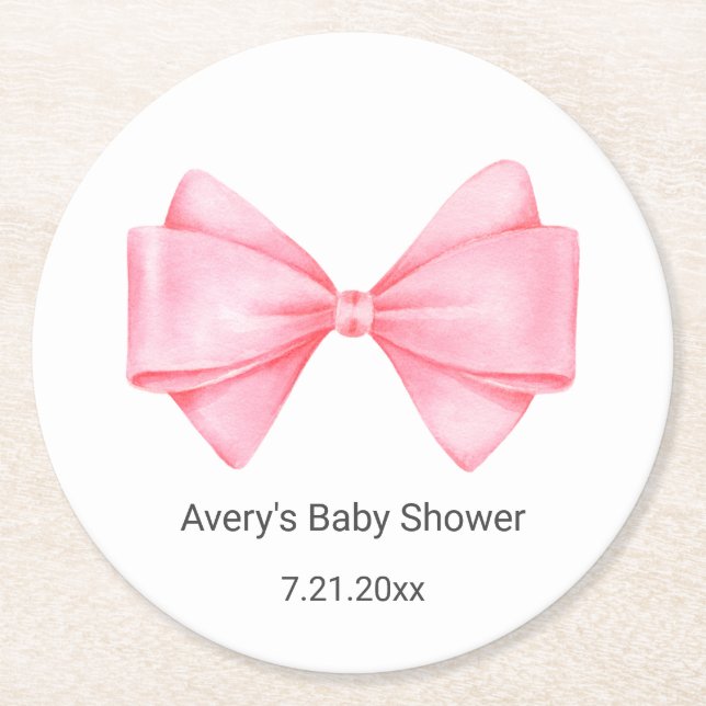 Pink Bow Baby Dusche Runder Pappuntersetzer (Vorderseite)