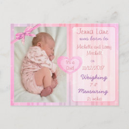 Pink Bow Baby Girl Geburtsankündigung Postkarte