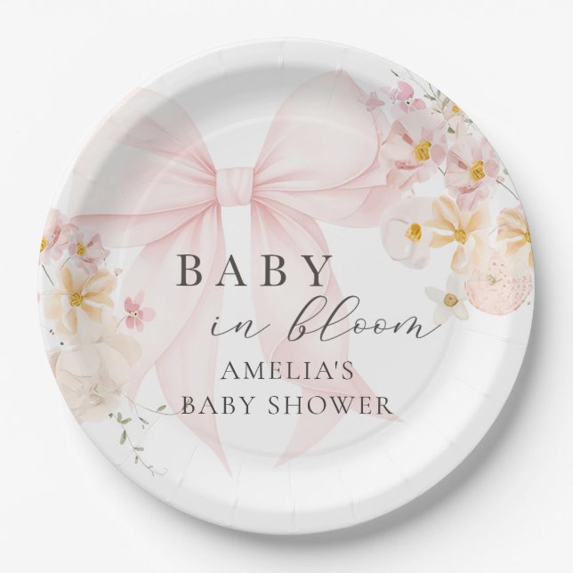 Pink Bow Baby in Bloom Baby Dusche Pappteller (Vorderseite)