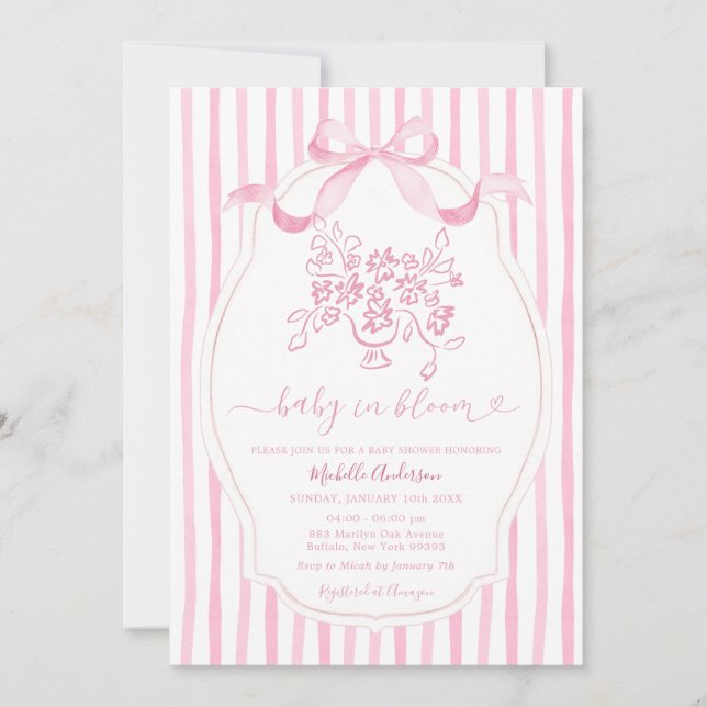 Pink Bow Baby in Bloom Baby Shower Invitation Einladung (Vorderseite)