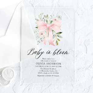 Pink Bow Baby in Bloom Floral Girl Babydusche Acryleinladungen