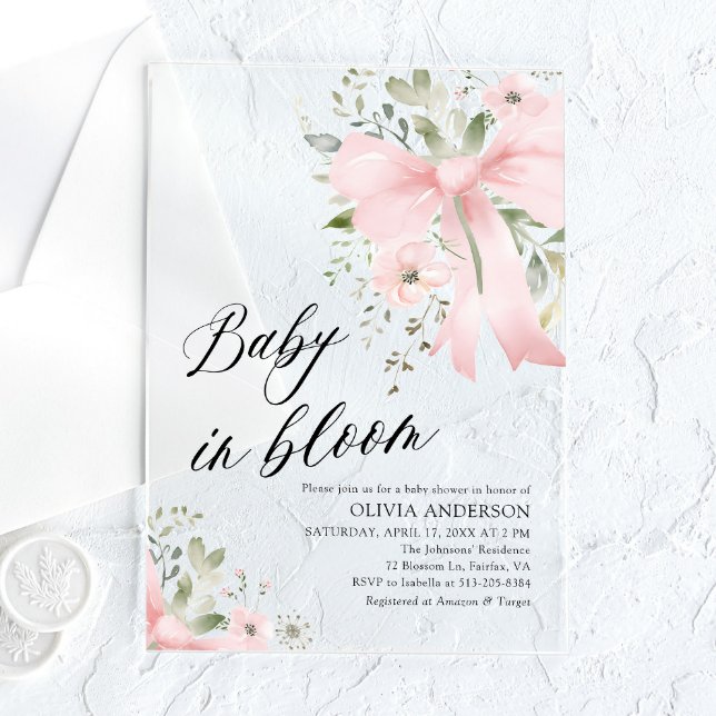 Pink Bow Baby in Bloom Floral Girl Babydusche Acryleinladungen (Watercolor Pink Bow Baby in Bloom Floral Girl Baby Shower Acrylic Invitations)