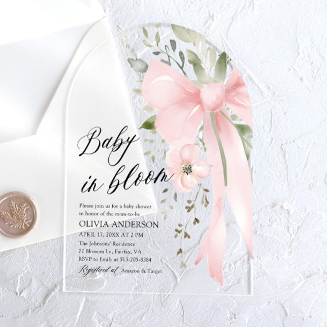 Pink Bow Baby in Bloom Floral Girl Babydusche Acryleinladungen (Von Creator hochgeladen)