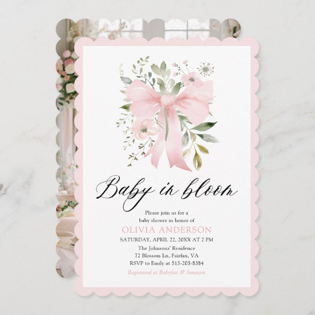 Pink Bow Baby in Bloom Floral Girl Babydusche Einladung (Vorne/Hinten)