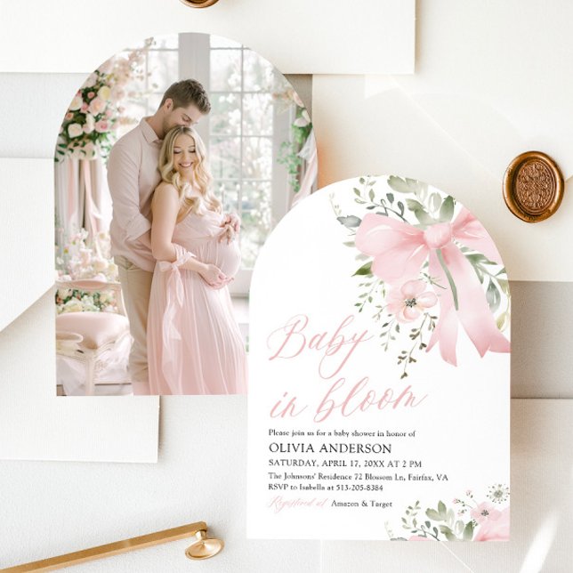 Pink Bow Baby in Bloom Floral Girl Babydusche Einladung (Pink Bow Floral Baby in Bloom Girl Baby Shower Arched Invitation)