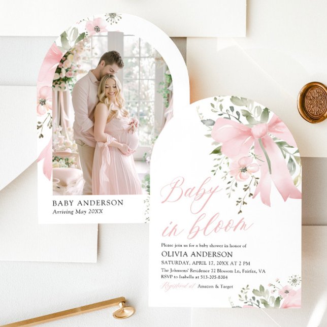 Pink Bow Baby in Bloom Floral Girl Babydusche Einladung (Pink Bow Floral Baby in Bloom Girl Baby Shower Arched Invitation)