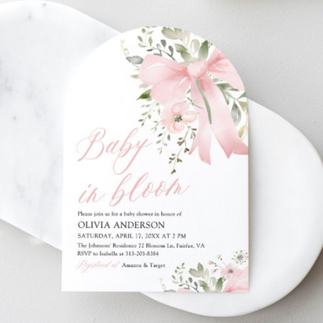 Pink Bow Baby in Bloom Floral Girl Babydusche Einladung (Pink Bow Floral Baby in Bloom Girl Baby Shower Arched Invitation)