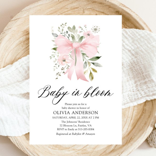 Pink Bow Baby in Bloom Floral Girl Babydusche Einladung (Blush Pink Bow Baby in Bloom Floral Girl Baby Shower Invitation)