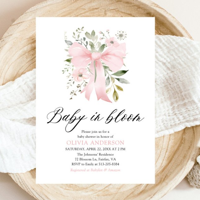 Pink Bow Baby in Bloom Floral Girl Babydusche Einladung (Blush Pink Bow Floral Baby in Bloom Girl Baby Shower Invitation)