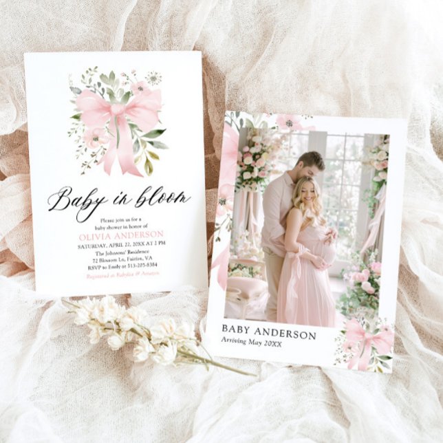 Pink Bow Baby in Bloom Floral Girl Babydusche Einladung (Blush Pink Bow Floral Baby in Bloom Girl Baby Shower Invitation)