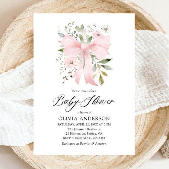 Pink Bow Baby in Bloom Floral Girl Babydusche Einladung (Blush Pink Bow Floral Girl Baby Shower Invitation)