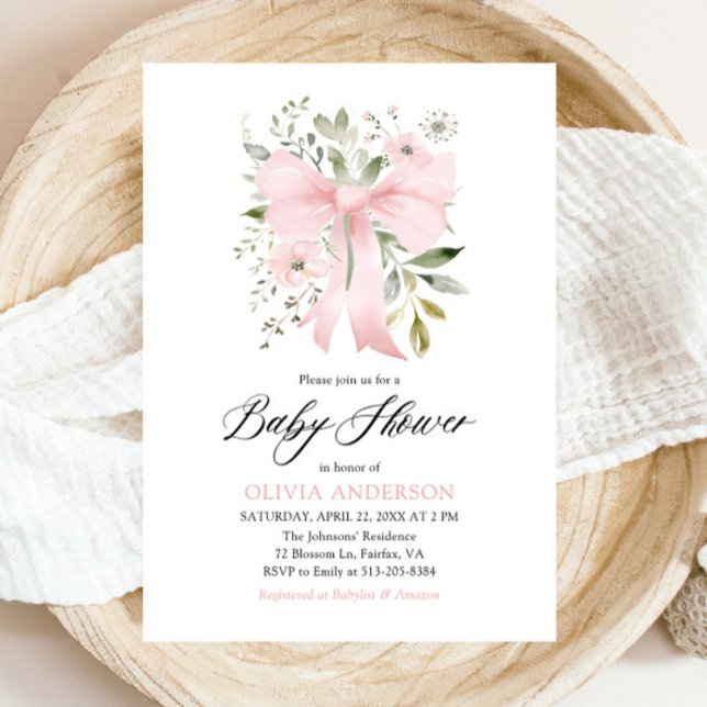 Pink Bow Baby in Bloom Floral Girl Babydusche Einladung (Watercolor Blush Pink Bow Floral Girl Baby Shower Invitation)