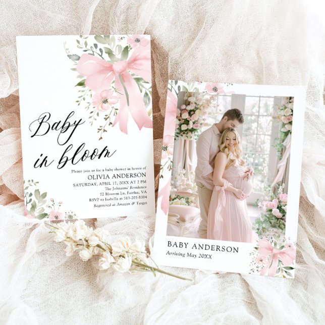 Pink Bow Baby in Bloom Floral Girl Babydusche Einladung (Watercolor Pink Bow Baby in Bloom Floral Girl Baby Shower Invitation)
