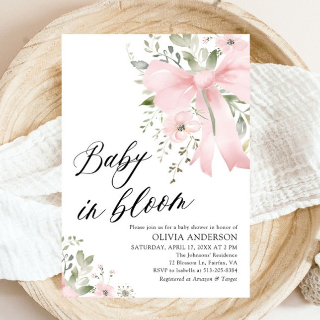 Pink Bow Baby in Bloom Floral Girl Babydusche Einladung (Watercolor Pink Bow Baby in Bloom Floral Girl Baby Shower Invitation)