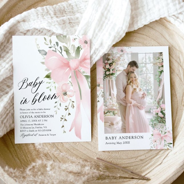 Pink Bow Baby in Bloom Floral Girl Babydusche Einladung (Watercolor Cute Pink Bow Baby in Bloom Floral Girl Baby Shower Invitation)