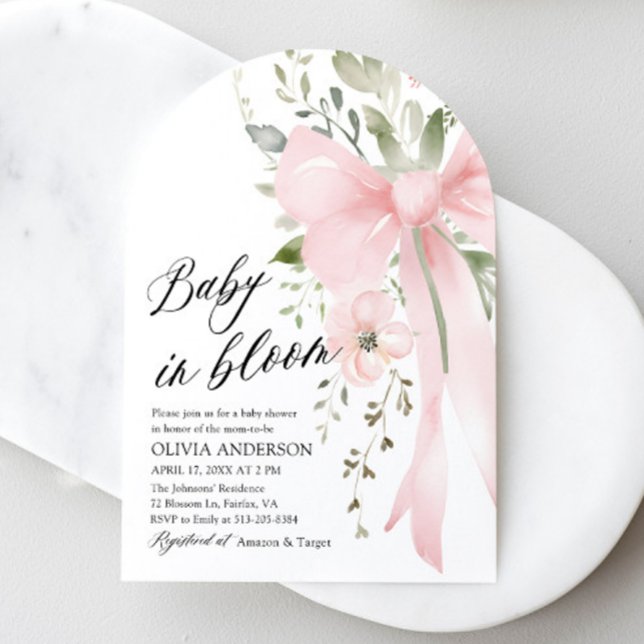 Pink Bow Baby in Bloom Floral Girl Babydusche Einladung (Watercolor Cute Pink Bow Baby in Bloom Floral Girl Arch Baby Shower Invitation)