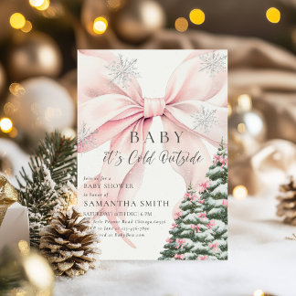 Pink Bow Baby It's Cold Outside Baby Shower Invite