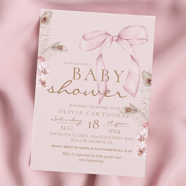 Pink Bow Baby Shower Blush Pink Einladung (Von Creator hochgeladen)