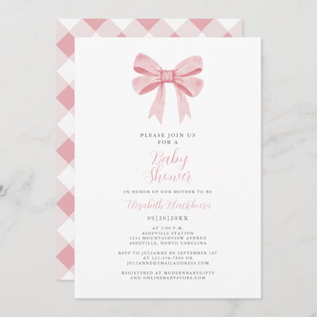 Pink Bow Baby Shower Coquette Girl Elegante Gingha Einladung (Vorne/Hinten)