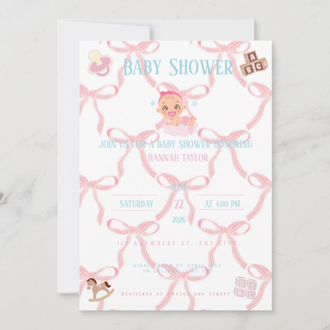 Pink Bow Baby Shower Einladung Customizable (Vorderseite)